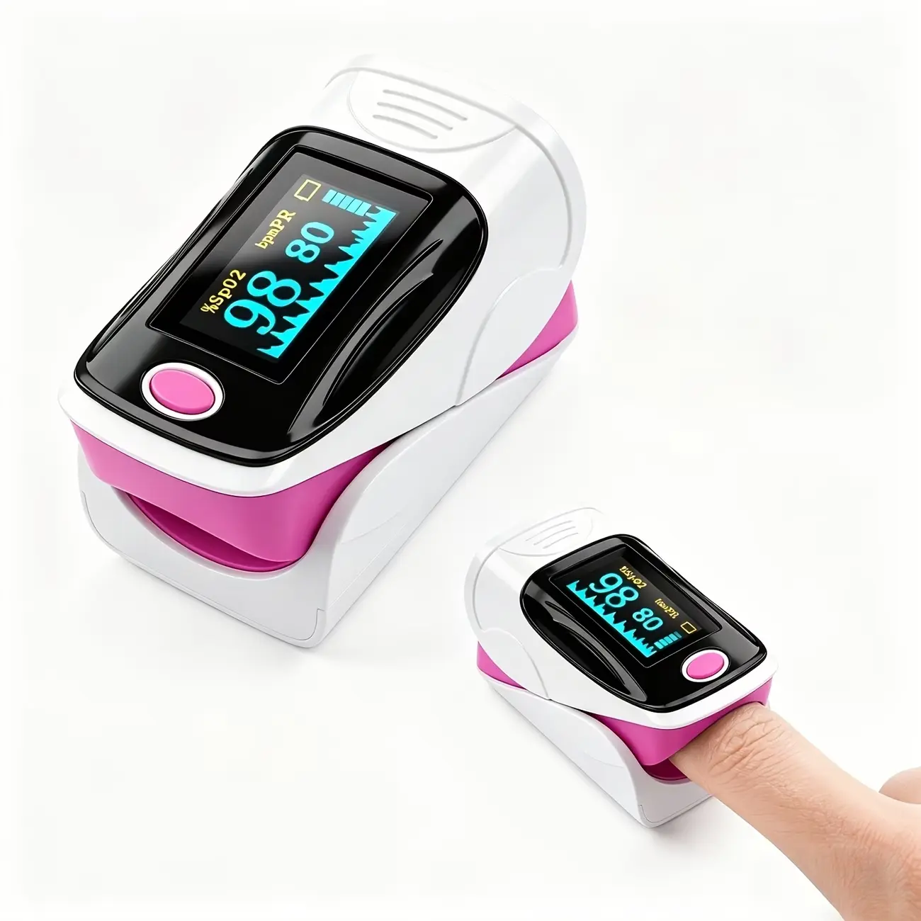 Pink Portable Fingertip Monitor, Compact Wearable Device with Vivid LCD, Touch Start & Auto Power for Gym and Outdoor Sports