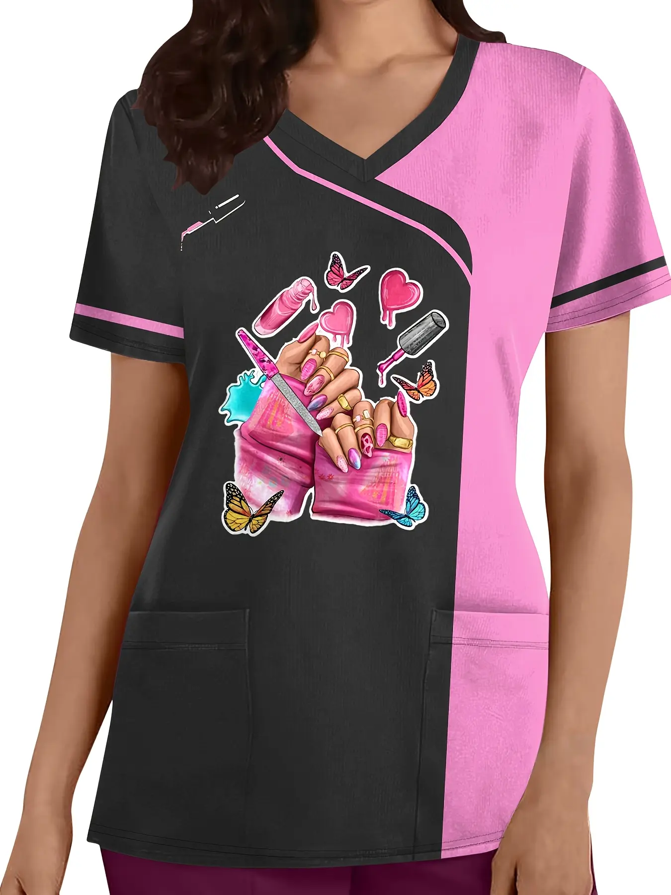 Women'S Stylish V-Neck Scrub Top with Colorful Nail & Heart Design, Short Sleeve with Pockets - Black & Pink Nurse Uniform for Casual Wear, Nail Art Studio Uniform|Vibrant Uniform|Nail Art Print Top