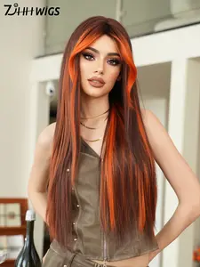 Extra-Long Highlight Flame Orange Wigs for Women 30 Inch Synthetic Straight Hair Wig with Curtain Bangs Natural Soft Locs High Density Wig Heat Resistant Fiber Wigs for Girls Party Halloween Cosplay Stage Plays Use