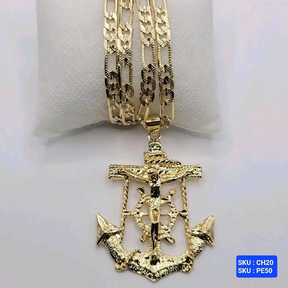 CHRIST ON THE CROSS Chain Figaro link Diamont Cut Style 24 Inches 6 Millimeters Laminated Gold Jewerly with Anchor Pendant. SKU : CH20, PE50