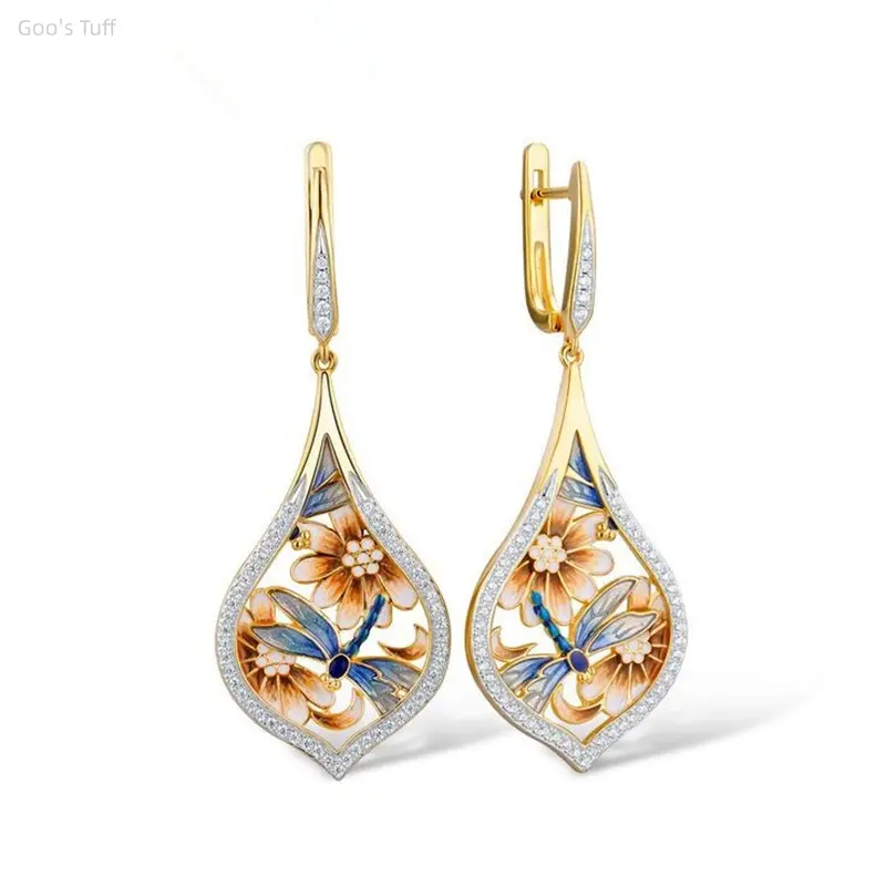 Women's Enamel Flower Dragonfly Dangle Earrings, Viral Chinese Retro Costume Jewelry, Exquisite Pastoral Style Accessory for Garden Tea Party Gifting
