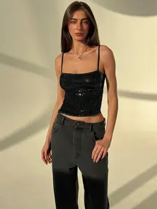 Sexy Sequin Backless Tie Strap Tank Top, Eye-Catching Fit for Nightclubs and Street Style, Perfect for Trendy Parties