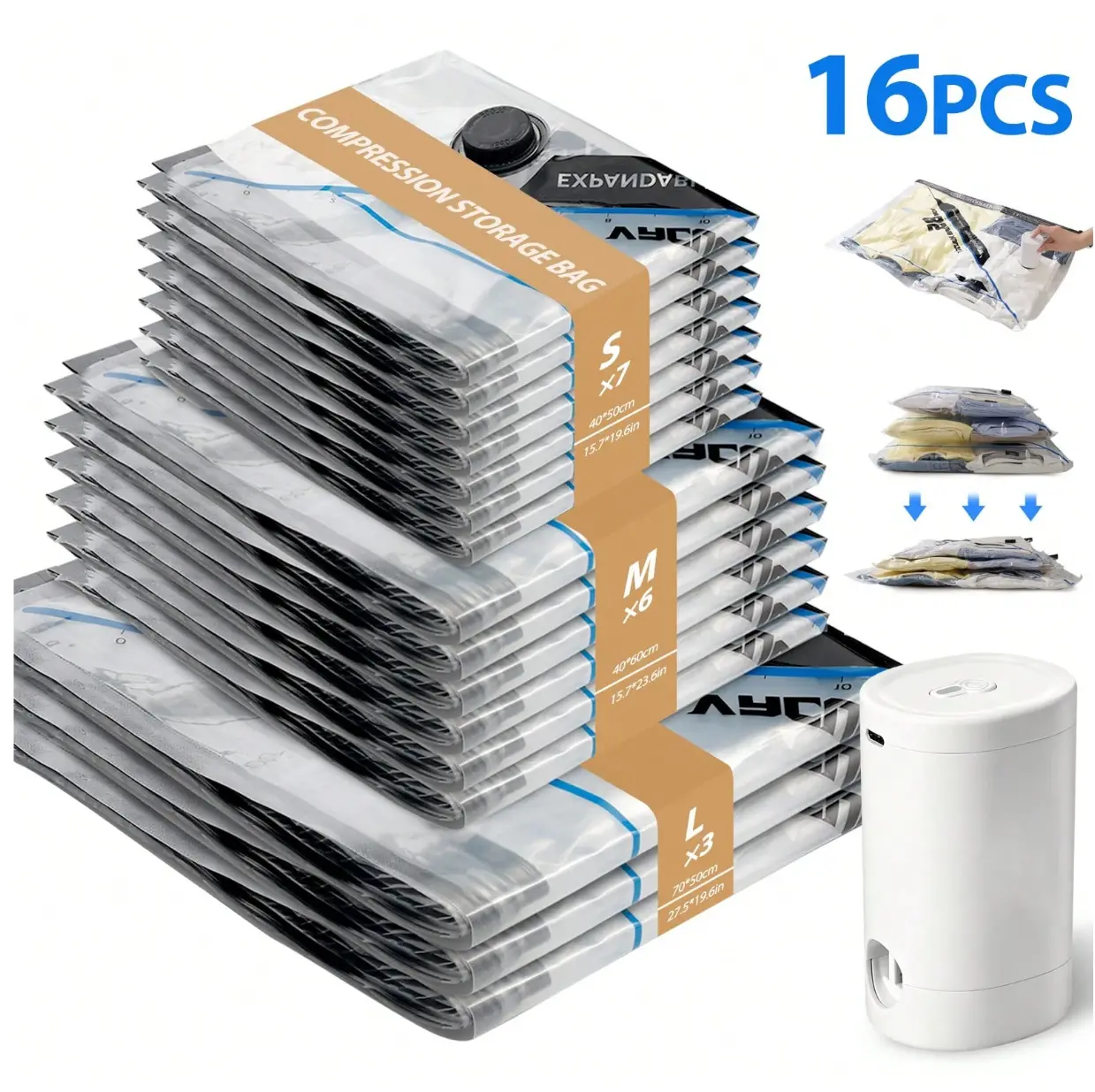 16pcs Vacuum Storage Bag With Wireless Electric Pump,Vacuum Seal Bags,Vacuum Compression Bag,Reusable & Space Saver,Carry-On Suitcases Organiser,Suitable For Clothes,Quilts,Cabinets,Travel Essential,Travel Accessories,Organize Essential