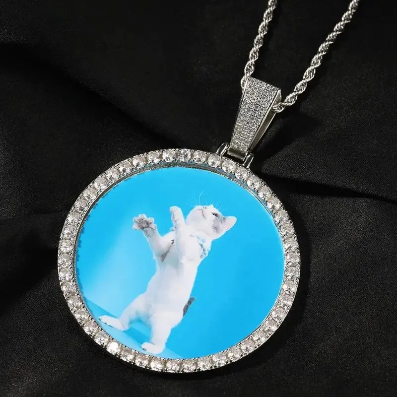 Personalized XL Large Custom Memory Round Colorful Photo Pendant Necklace Simple CZ Neck Chain Jewelry,Two Style Necklace