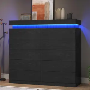 Sikaic 10 Drawers Dresser for Bedroom with Sliding Top Storage Space, LED Light and Power Outlet, Modern Wood Large Chest of Drawer for Living Room, Hallway, Entryway, Black