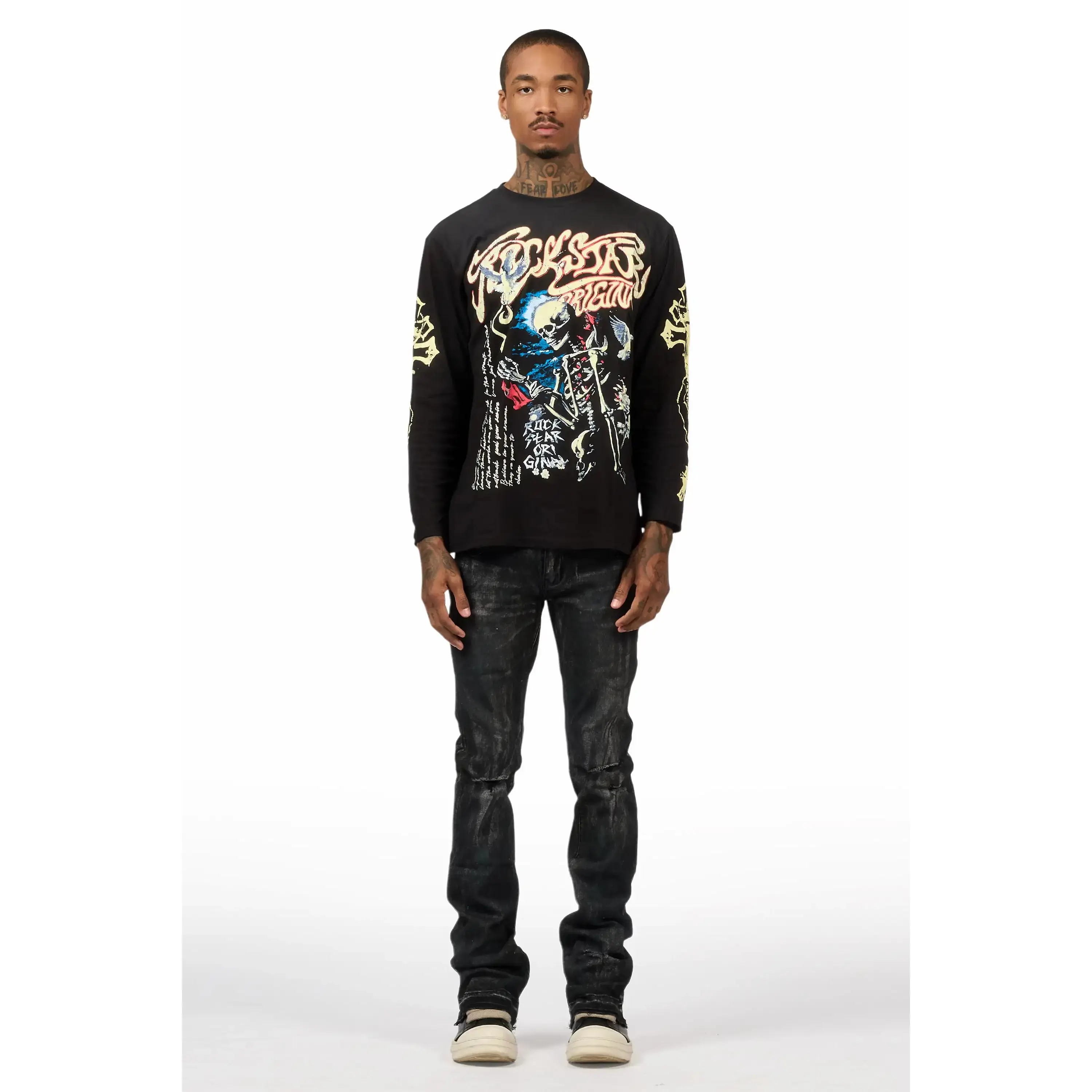 Danby Black Long Sleeve & Inkspill Grey Oil Wash Stacked Flare Jean Bundle