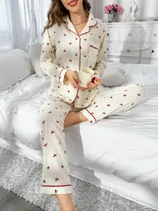 Women's Button Front Blouse & Bow Front Contrast Binding Pants Pyjama Set, Casual Long Sleeve Lapel Top & Trousers, Summer Outfits 2024, Sleepwear for Spring & Fall, National Day Offers
