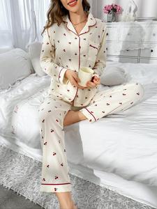 women's cartoon print button blouse & bow contrast binding pants, fallfreshness pajama set, cute long sleeve lapel pocket top & trousers pj set, home clothes, fall clothes, gift for her, sleep sets, homewear, womenswear