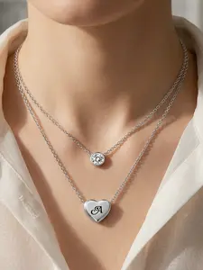 Steel-colored 14K Heart-Shaped Laser Engraved Double-Layer A-Z 26 Initials Round Diamond-Embedded Stacked Necklace # Jewelry Accessories / Stainless Steel / Colorfast / Hypoallergenic / Couple / Festival / Party / Ideal Gift