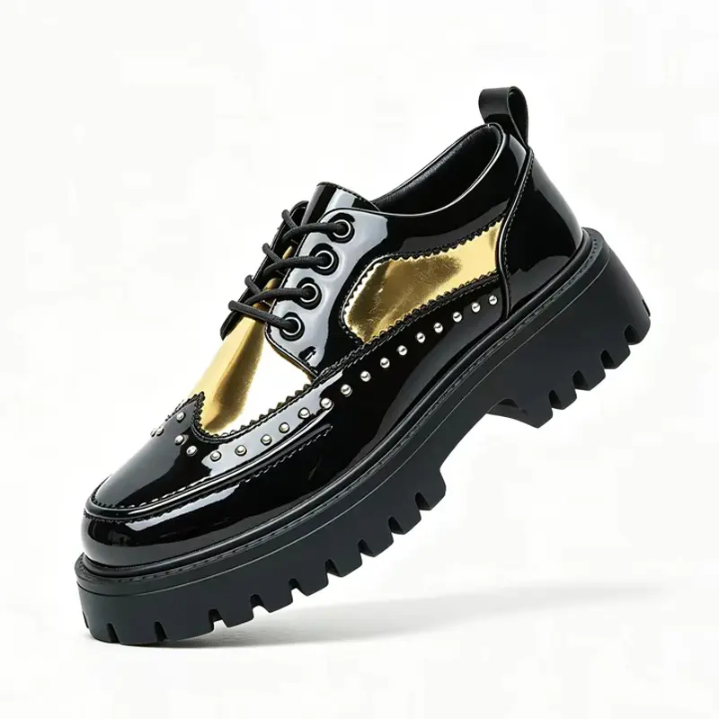 Men's Patent Leather Platform Dress Shoes, Classic Round Toe Lace-Up Oxfords with Wingtip Brogue Design, Glossy Finish, Thick Lug Sole and Block Heel, Stylish Business Casual Shoes for Formal Wear, Office, Party and Daily Wear