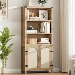 70" Rustic Wooden Bookcase with Doors, 3-Shelf Floor Standing Storage Cabinet for Living Room, Bedroom, or Office