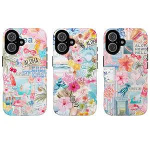 Summer Beach Collage Phone Case – Tropical Hibiscus & Pink Flamingo Design, Coastal Cowgirl Aesthetic Phone Case for iPhone 11–17 Pro Max & Galaxy S21–S26, Ocean Seashell Protective Cover, Hawaii Aloha Beach Vibes, Cute Preppy Summer Gift for Her