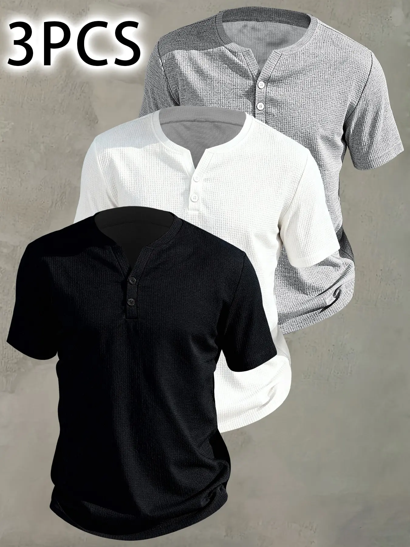 3-Pack Men's Henley Short Sleeve T-Shirt, Breathable Menswear Waffle Knit Summer Plain Casual Tee with Button Front, Machine Washable for Outdoor Daily Wear, Lightweight and Easy-Care Fabric