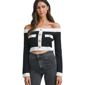 Contrast Off-Shoulder Cropped Knit Sweater - Black