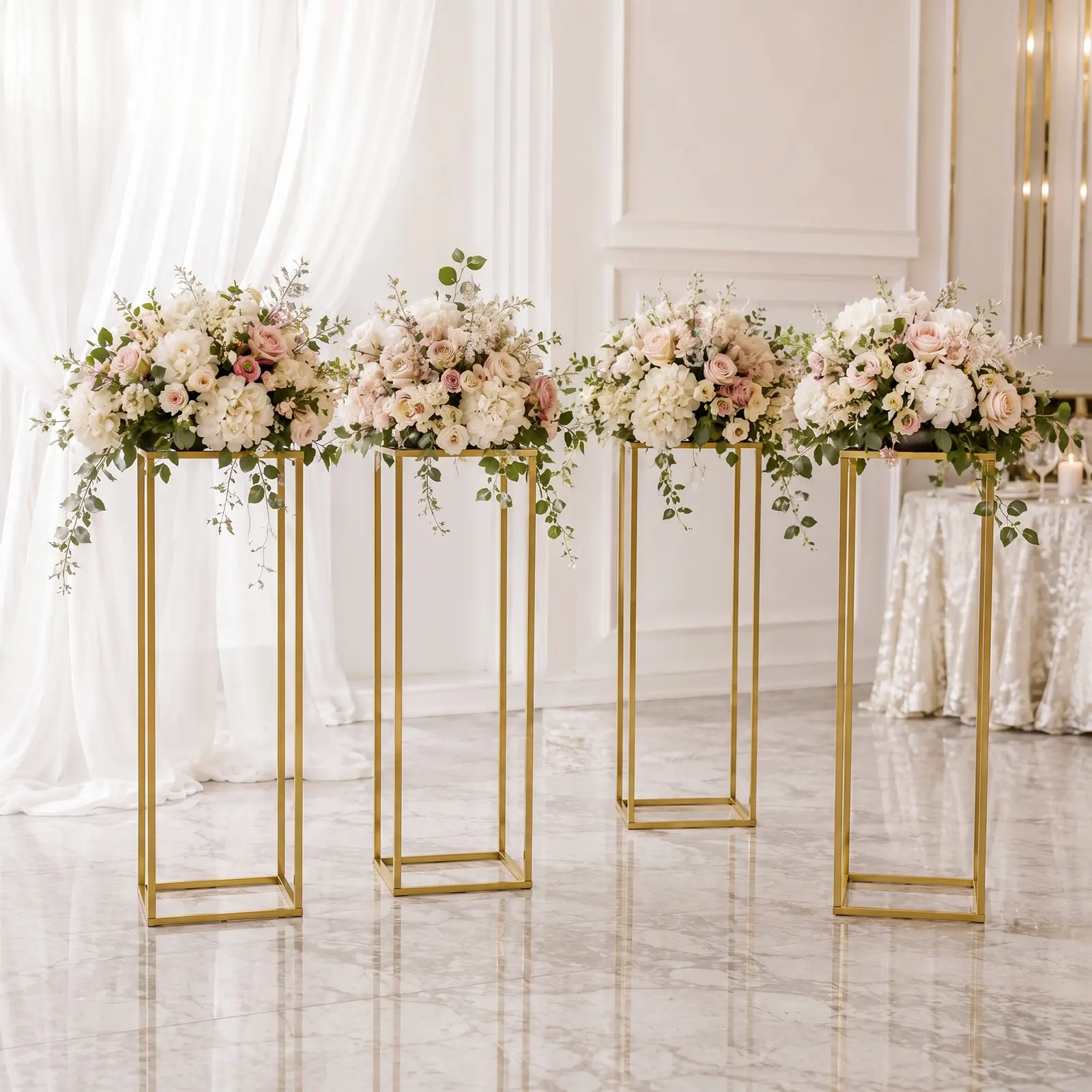 5-Piece Gold Metal Wedding Flower Stand Set with Sturdy Square Base & High-Temperature Baking Paint, 31.5 Inch Tall Centerpiece Display Rack for Bouquets, Vases, Party, Banquet, Home Decor, Easy Assembly