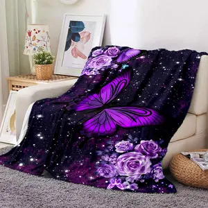 Starry Purple Butterfly Rose Blanket Galaxy Flower Flannel Fleece Throw Scandinavian Aesthetic Room Decor Soft Warm Plush Cozy Bedding Couch Sofa Living Bedroom