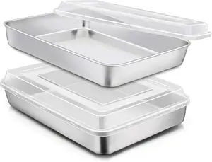 Stainless Steel Baking Pan with Lid, 12⅓ x 9¾ x 2 Inch Rectangle Sheet Cake Pans with Covers, Non-toxic & Healthy Heavy Duty Bakeware for Cakes Brownies Casseroles, Dishwasher Safe - Set of 2