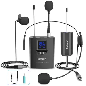 Bietrun UHF Wireless Lavalier Lapel Microphone System/Headset Mic/Stand Mic, 165ft Range, Rechargeable Transmitter Receiver, 1/4" Output, for iPhone,Android,PA Speaker,DSLR Camera,YouTube, Recording
