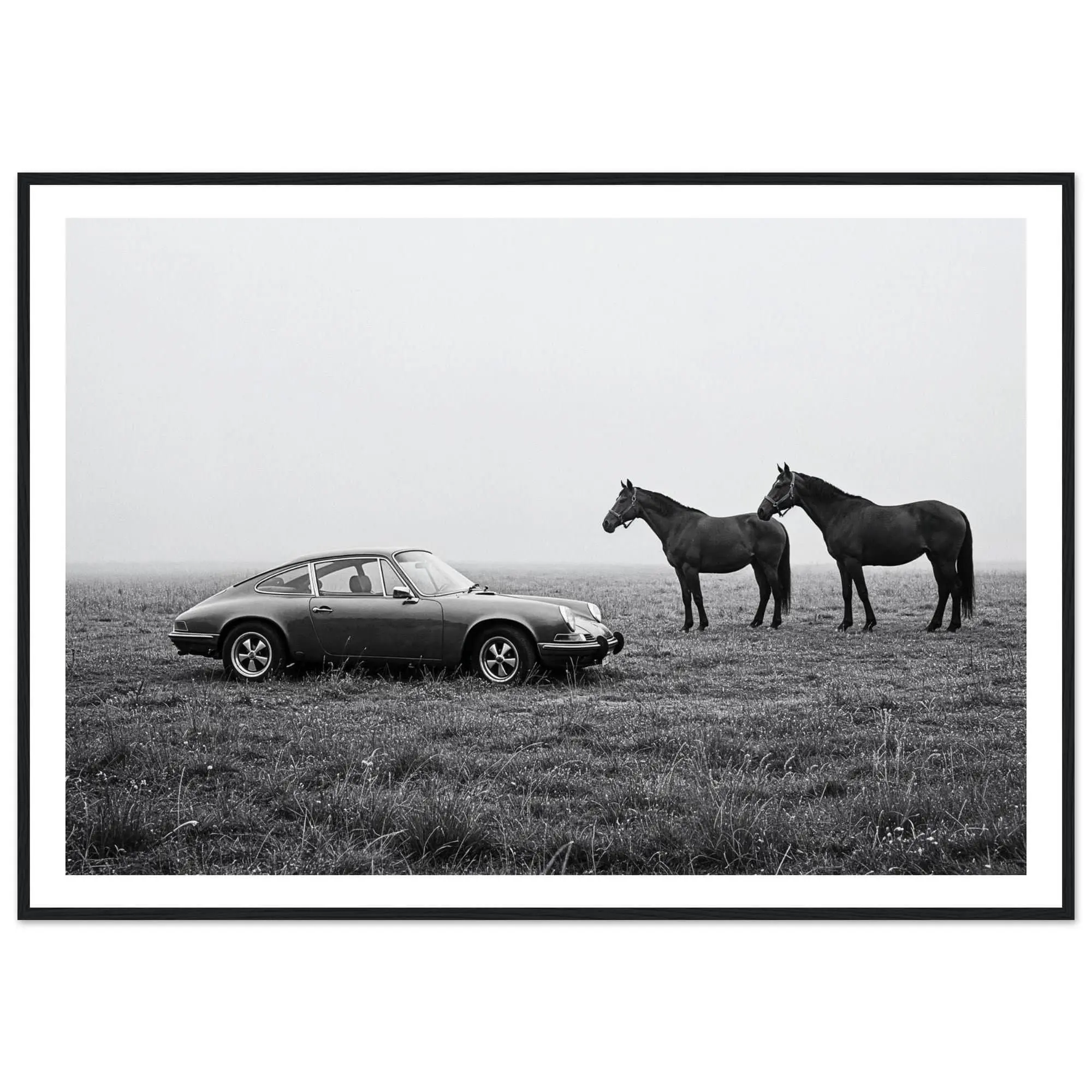 Unfame, Vintage Car and Horses Print - Black and White Classic Porsche and Horse Wall Art - d Fine Art Photography - Minimalist Wall Decor