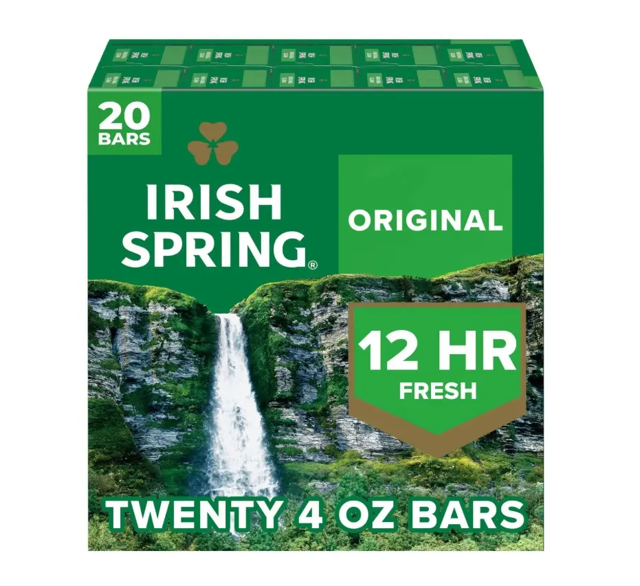 Irish Spring Original Clean Bar Soap 20 Bars 4 oz Each 12hr Fresh Deodorant with Flaxseed Washes Away Bacteria Great Smell larger size Mild for Skin