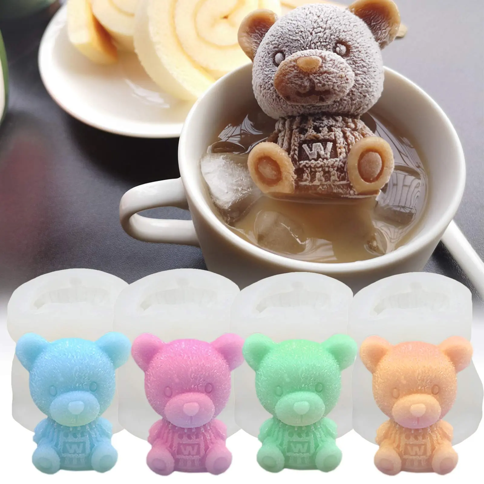 4-Pack 3D Bear Silicone Ice Cube Molds, 2.67*2.13*2.76in Corrosion-Resistant Durable Trays for Family Drinks & DIY Crafts, All Ages Halloween Kitchen & Bar Utensils for Parties