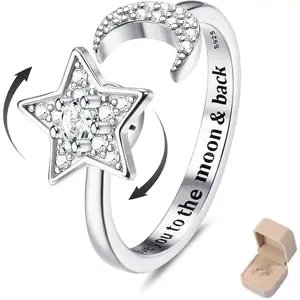 ZELORES 1 Pc 925 Rotatable Spinner Moon&Star CZ Anxiety Fidget Open Ring - Women’s Stress Relief Jewelry with Box, Moissanite Unique Engagement Ring, Unique Engagement Rings
