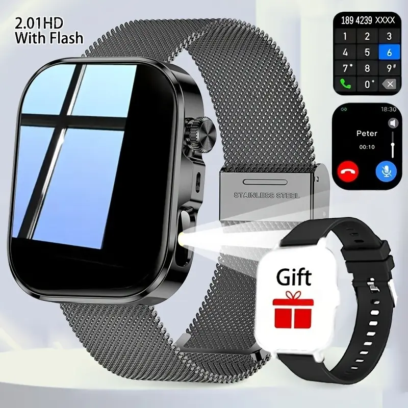 2.01-inch HD Full Touch Screen Wearable Smartwatch with Steel Strap, Call Making/Answering, Magnetic Charging, Message Reminder, LED Flashlight, 240P Resolution, Compatible with Android & iPhone, Valentine's Day Gift