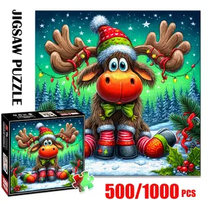 1pc 1000 piece adult jigsaw puzzle 58x58cm Christmas - themed Moose with Festive Hat and Decorations 500 pieces of paper puzzle, suitable for adults and families, large-scale DIY puzzle interactive toy g