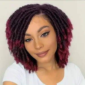 Burgundy Ombre Twist Out Wig, Afro Curly Synthetic Dreads with Kinky Texture, Side Part and Full Coverage Wig for Black Women and Afro Hair Types, Synthetic Curly Wigs