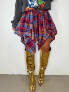 【Plus Size】 Plaid Print Asymmetrical Hem Skirt, Casual Knee Length Skirt for Fall & Winter, Women's Bottoms for Daily Wear