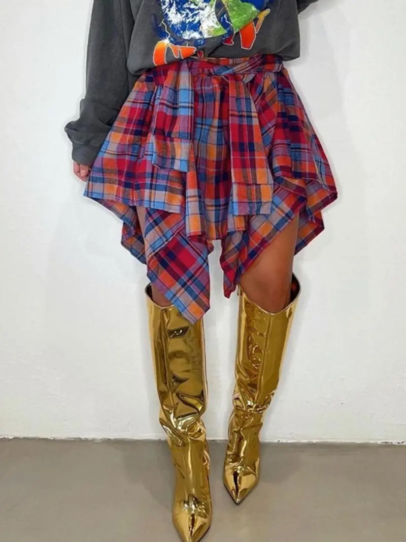 【Plus Size】 Plaid Print Asymmetrical Hem Skirt, Casual Knee Length Skirt for Fall & Winter, Women's Bottoms for Daily Wear