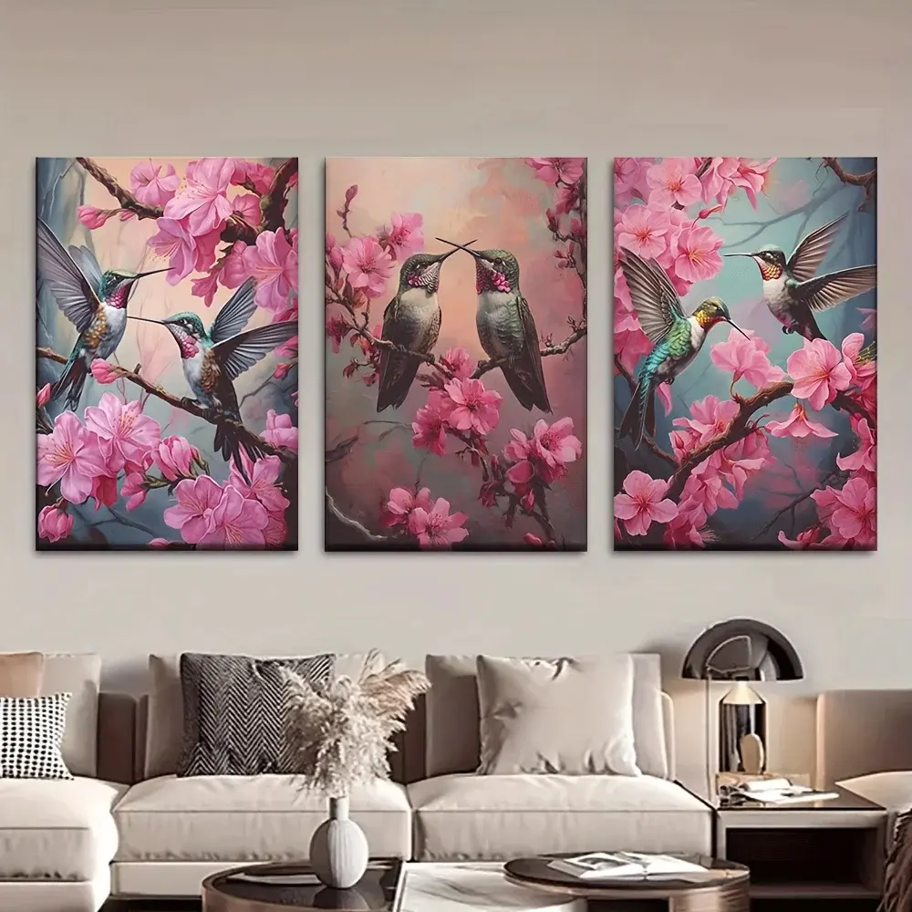 3pcs/set frameless canvas painting of hummingbirds and pink flowers, posters and prints, Wall Art, for living room, library, office, café, bar, decoration