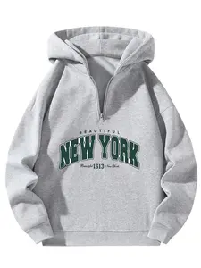 New York Pattern Regular Unisex Half Zip Pullover Hoodie Casual Sports Style for Men & Women, Loose Fit, Long Sleeve, Comfortable for Daily Wear, Exercise, Travel & Leisure, Bold Lettering, Thick Fabric, Menswear, Apparel Outdoor Sweatshirts Grey Zipper