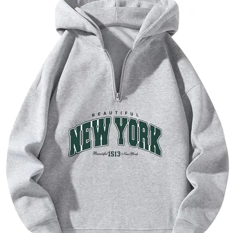 Men's Heavyweight Fleece Half-Zip Graphic Hoodie - Unisex Longsleeves Loose-Fit Sweatshirt, Thick Zipper Pullover, Thanksgiving Streetwear, Grey Outdoor Mens Clothing, Sohochic