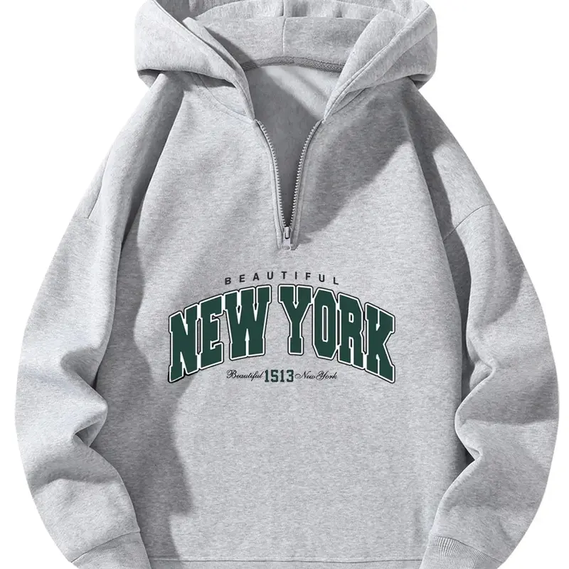 Men's Heavyweight Fleece Half-Zip Graphic Hoodie - Unisex Longsleeves Loose-Fit Sweatshirt, Thick Zipper Pullover, Thanksgiving Streetwear, Grey Outdoor Mens Clothing, Sohochic