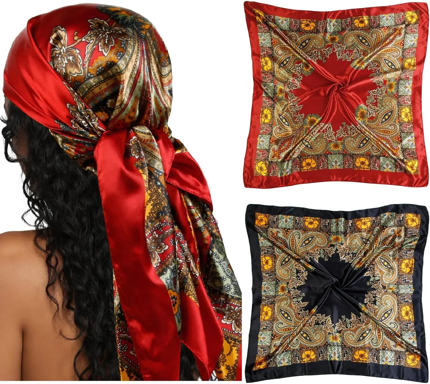 Head Scarf for Women Red Silk Bandana Pirate Costume Accessories, 2 PCS Pirate Head Scarf for Hair Wrapping and Sleeping 35 Inches