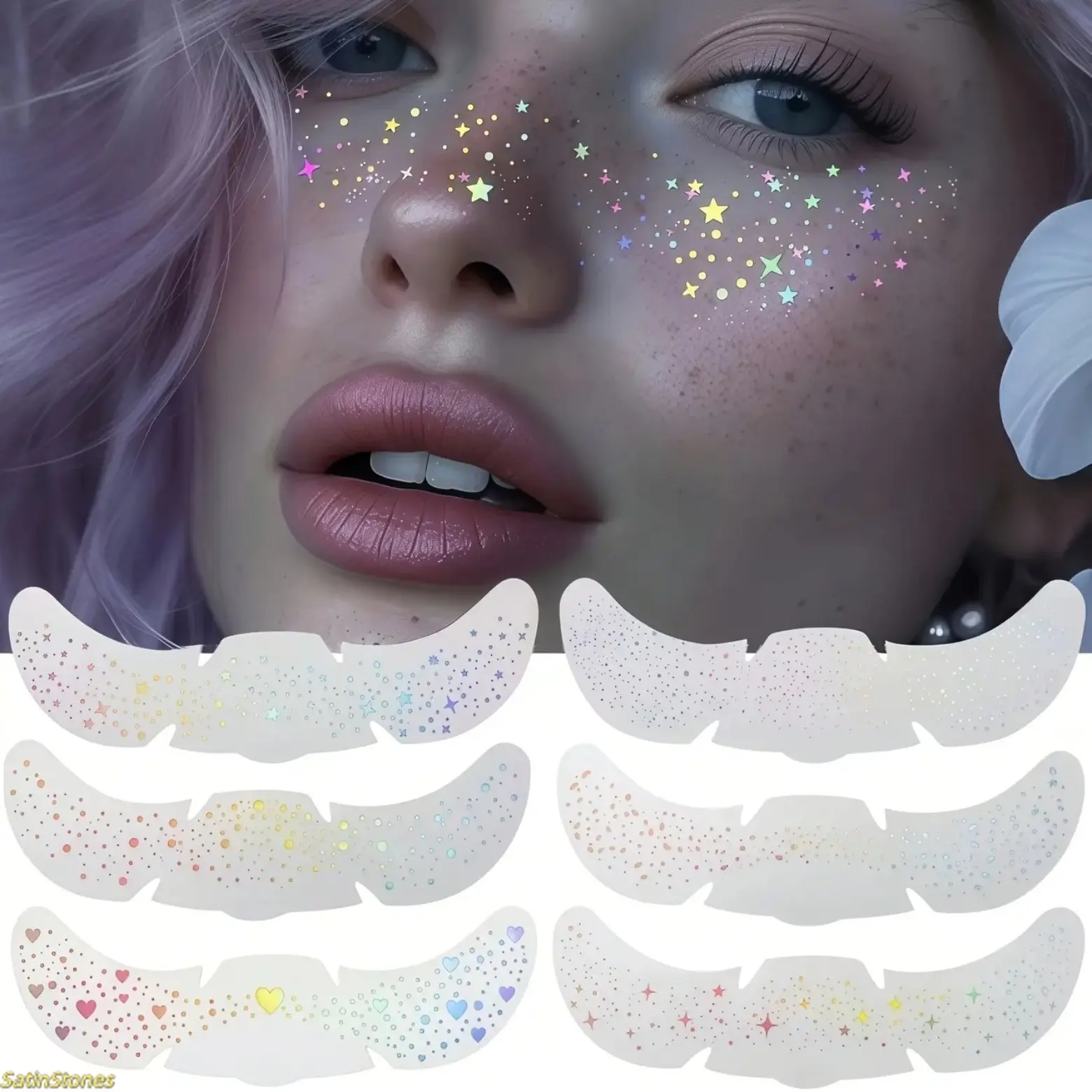 6-Pack Glitter Temporary Tattoo Stickers - Waterproof Fashion Accessory Set with Glitter Freckles, Hearts, Stars, Rainbow Hearts for Party Makeup Decoration, Party Glam Boost, Waterproof Wear, Glitter Face Tattoos, Temporary Fake Tattoo