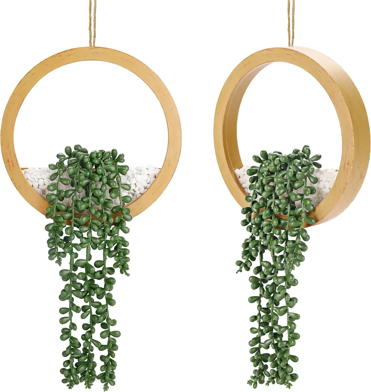 Der Rose 2-Pack Bohemian Wooden Round Hanging Pots with Fake Plastic Succulents (15in) - Artificial Plants for Living Room, Kitchen Wall Shelf Decor, Mid Year Sale Home Supplies