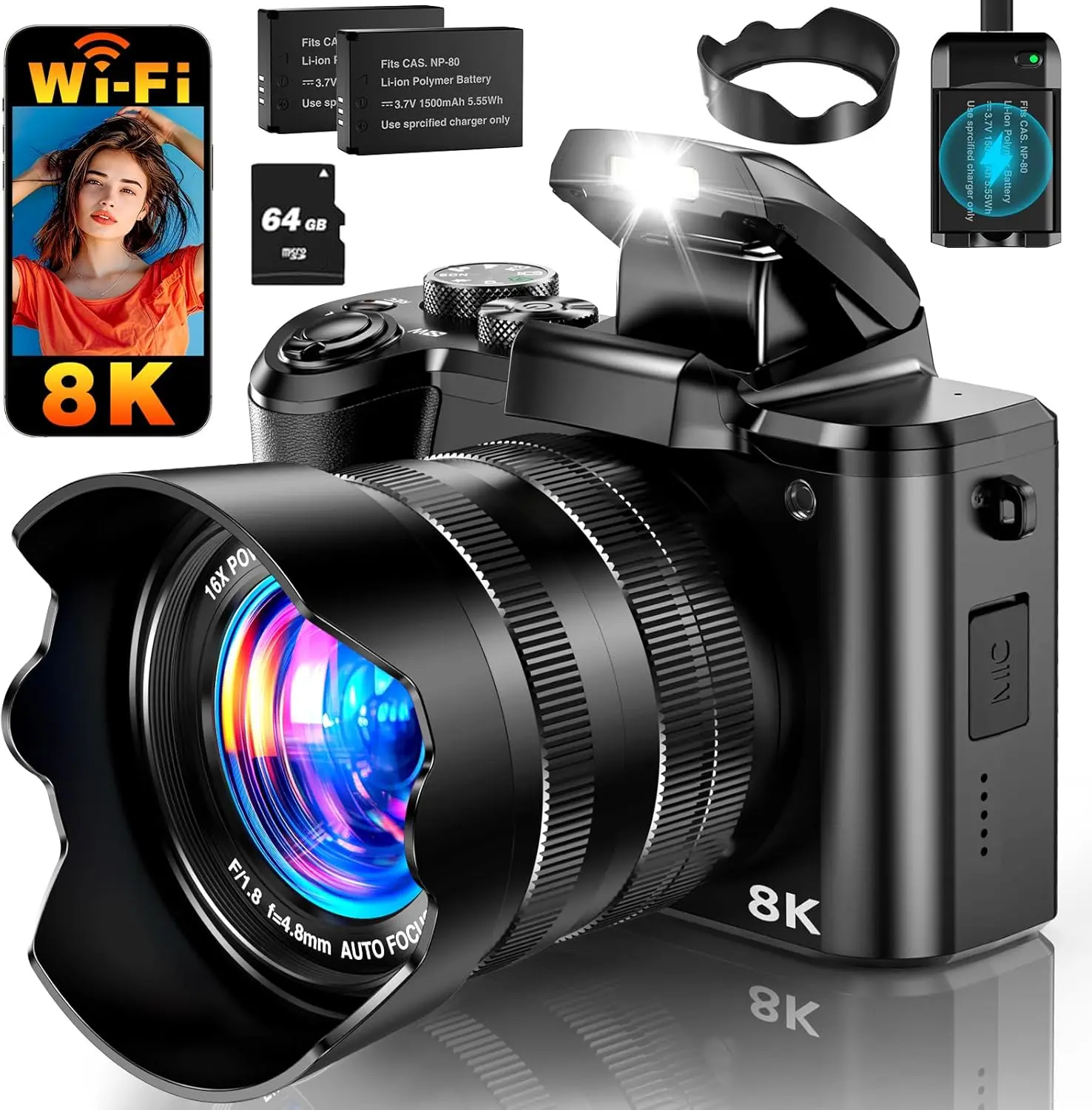 8K WiFi Digital Camera with 88MP, Autofocus, 16X Zoom, 3.2" Touchscreen, Dual Camera, 64GB Card, 2 Batteries & Charging Stand