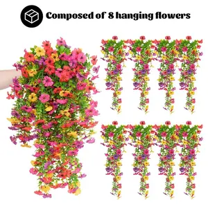 2/6/8Silk Chrysanthemum with Eucalyptus Leaves, Artificial Hanging Flowers Plants, for Outdoor Autumn Decoration, UV Resistant, Realistic Appearance, Long Drooping Vines, Suitable for Outdoor & Indoor Planters, Porch, Balcony, Yard Decoration