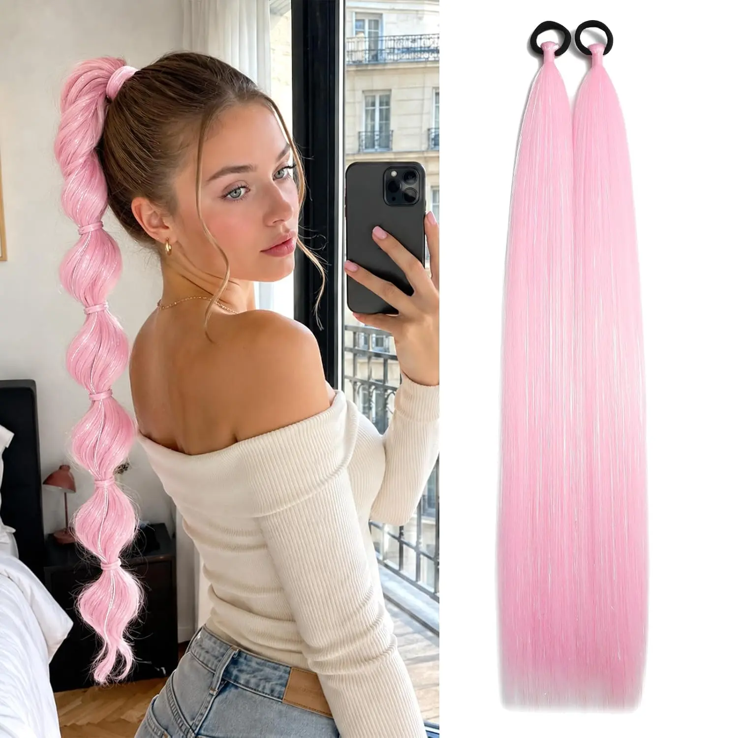Pink, Red & Blonde Long Synthetic Ponytail Hair Extension on Hair Tie - Straight Hairpiece for DIY Bubble Braids - Heat Resistant Y2K Festival Hair Accessories for Women, Girls, Party & Daily Wear