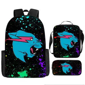 Mr Beast Lightning Cat Backpack Three-Piece Set Digital Print Backpack Student School Bag Shoulder Bag