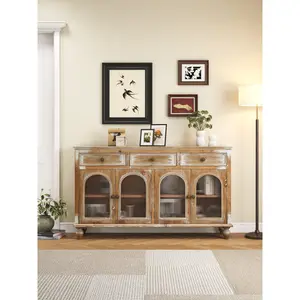 Aobtkel®59.06" Farmhouse Sideboard Buffet Cabinet, Distressed Wood Credenza with 3 Drawers & 4 Glass Doors, Rustic Storage Cabinet with Shelves for Kitchen, Dining Room, Living Room, Antique Brown & White#Summervibes