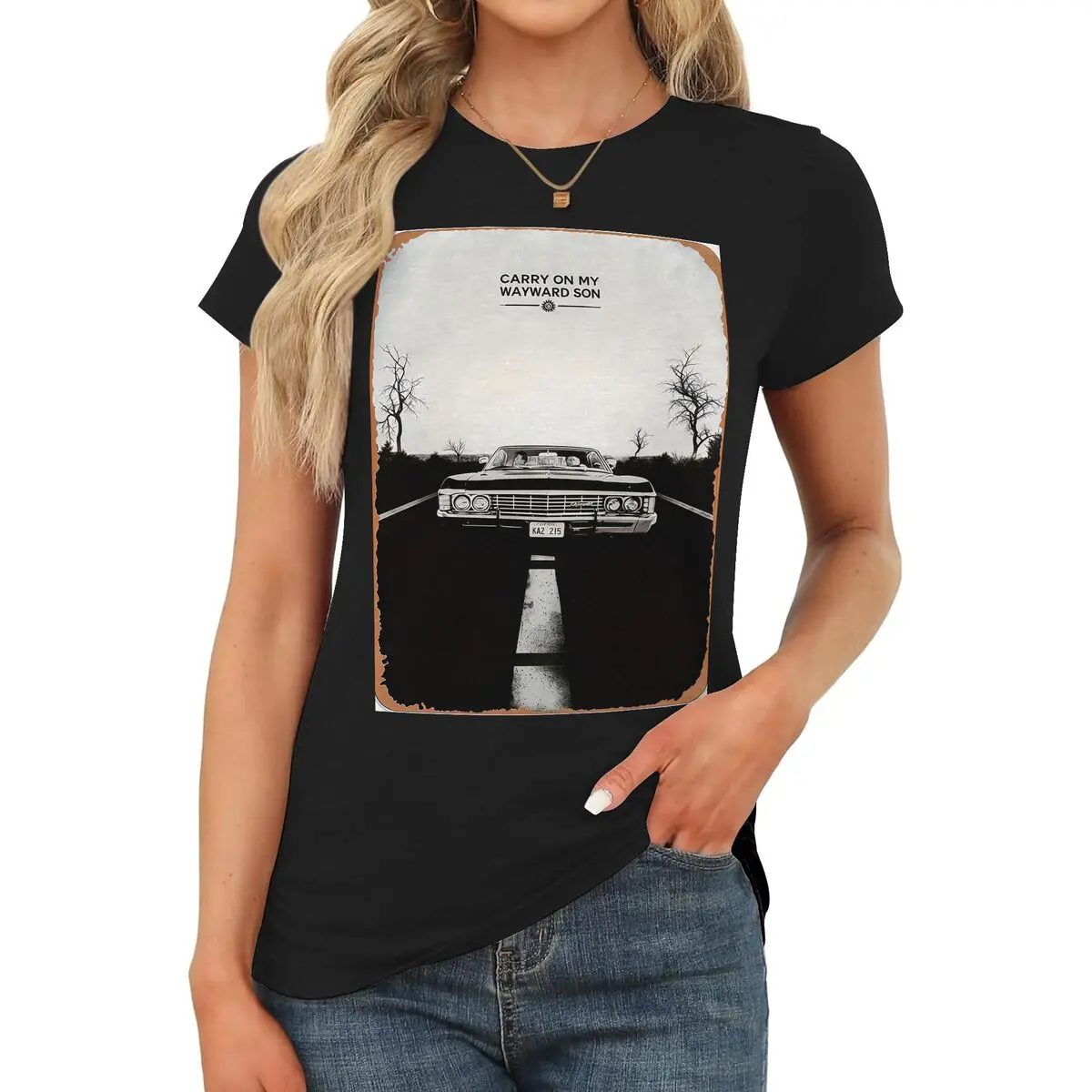 Women's Supernatural Graphic T-Shirt, Casual Oversized Cotton Blend Short Sleeve Top for a Birthday Party, Thanksgiving, or Teacher Gift, Elegant, Easter, Valentines Day, Polyester Blend, Round Neck, Short Sleeves, Preppy Sweet, Baby