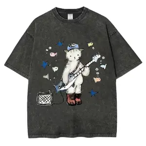 Rock Star Cat Performance Unisex Vintage Washed Tee, Vintage Distressed Coloful Washed Tee- Wash Shirt - Natural Theme Unisex Streetwear