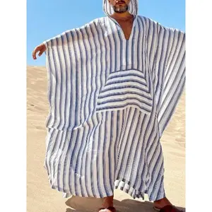 Men’s striped printed pocket batwing-sleeve casual robe, loose and comfortable hooded long-sleeve spring/autumn formalwear, men’s Islamic daily clothing GARMENTARY