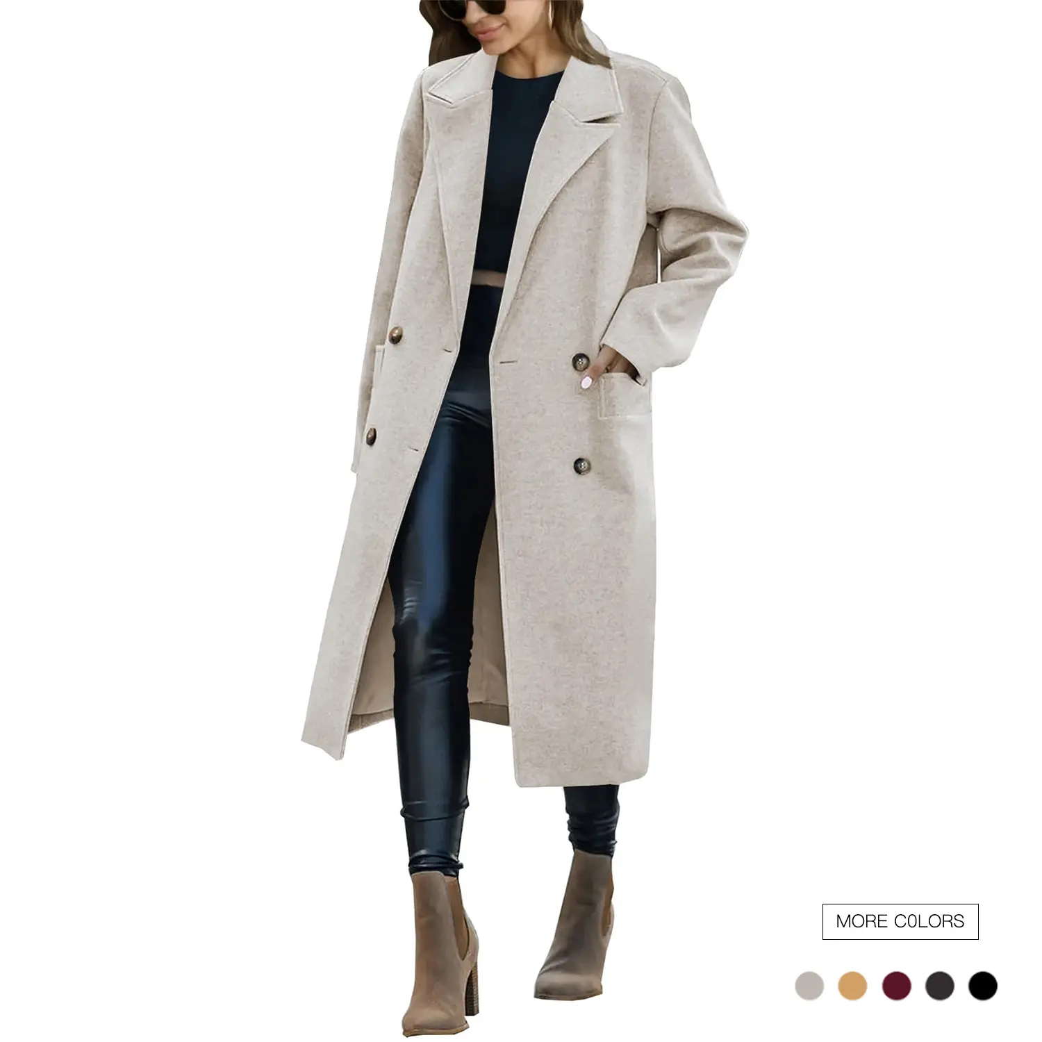 Women's Double-Breasted Trench Coat, Minimalist Long Sleeve Polyester Blend Outerwear with Pockets for Office Casual, Tops, Jackets, Spandex, Fabric, Lady