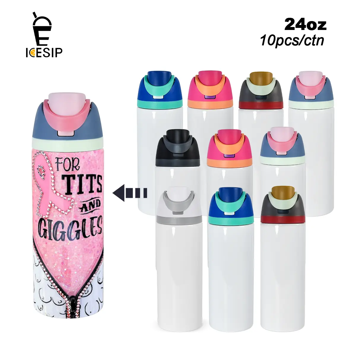 Icesip 10pcs 24oz 304 Stainless Steel Insulated Sublimation Blank Straight Sports Tumbler - Unique Handle, Daily Use Tumbler for Adults, Mixed Color, Suitable for Sublimation & UV Printing, Anniversary/Party Gift