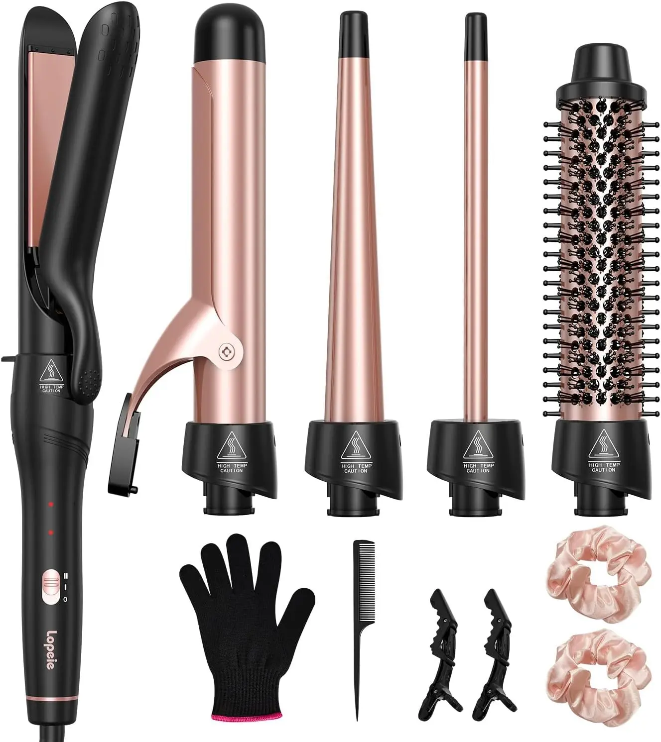 Lopeie 5 in 1 Curling Iron with Thermal Brush and 4 Interchangeable Ceramic Barrels(1/2 to 1 1/2 inch), Curling Wand Set with Flat Iron, Fast Heating, Dual Voltage Hair Curler, Gifts for Women
