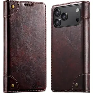 Leather Flip Wallet Case for iPhone 17 Pro Max, Magnetic Kickstand with Card Slot, Protective Folio Cover, Brown,Blue,Dark Gray,Red,Khaki